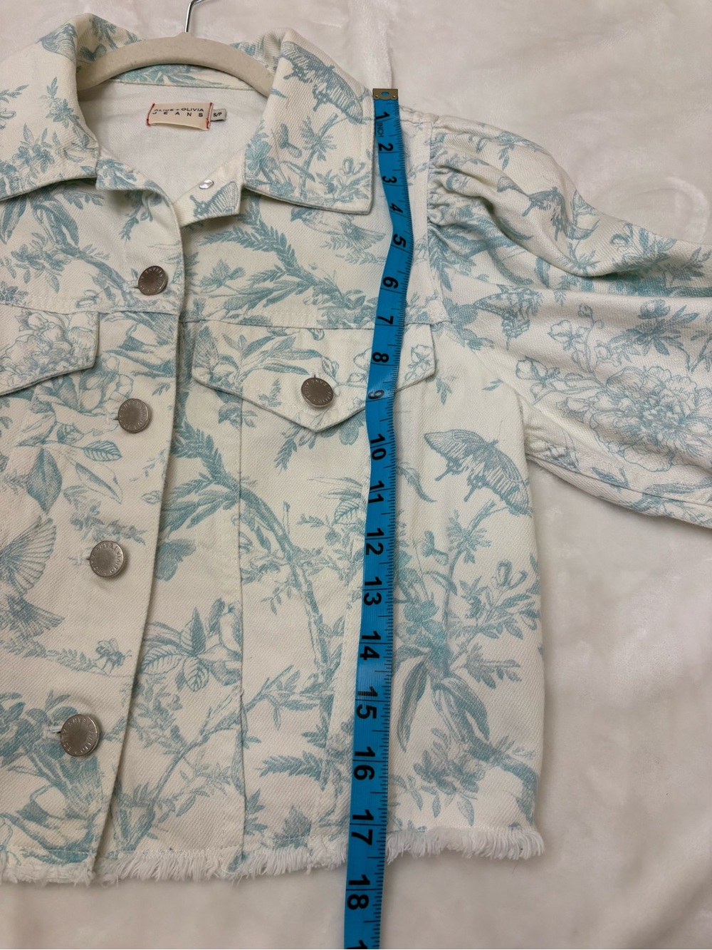 Alice + Olivia Lana Toile Puff Sleeve Cropped Denim Jacket S Cottagecore Bttrfly - Picture 11 of 12